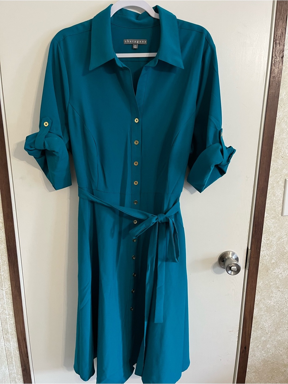 Sharagano Teal Button-Front Midi Shirt Dress